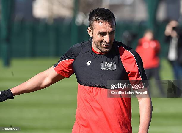 Jose Enrique of Liverpool during a training session at Melwood Training Ground on March 31, 2016 in Liverpool, England.