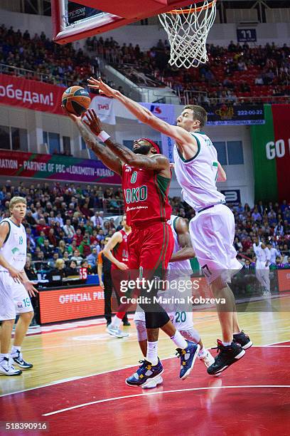 Malcom Delaney, #0 of Lokomotiv Kuban Krasnodar competes with Fran Vazquez, #17 of Unicaja Malaga during the 2015-2016 Turkish Airlines Euroleague...