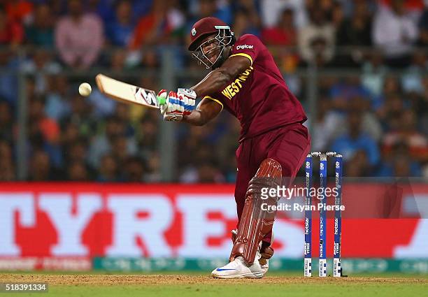 Andre Russell of the West Indies bats during the ICC World Twenty20 India 2016 Semi Final match between West Indies and India at Wankhede Stadium on...