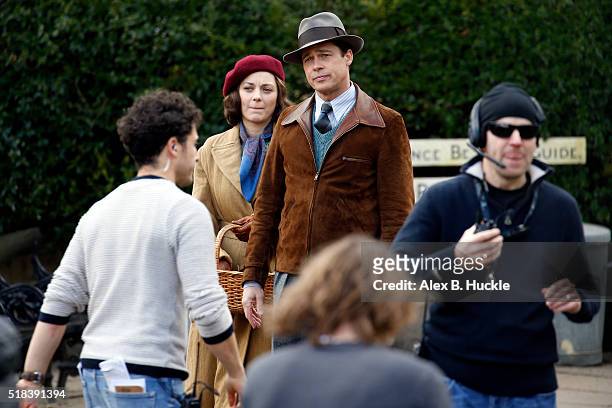 Marion Cotillard and Brad Pitt seen filming scenes for 'Five Seconds Of Silence in Hampstead on March 31, 2016 in London, England.