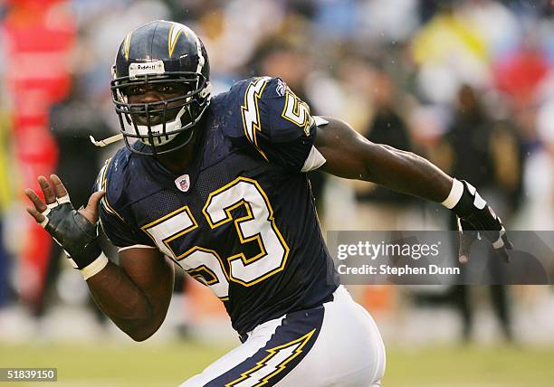 Linebacker Steve Foley of the San Diego Chargers runs on the field during the game against the New Orleans Saints on November 7, 2004 at Qualcomm...