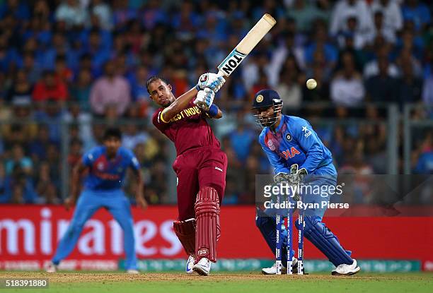 Lendl Simmons of the West Indies bats during the ICC World Twenty20 India 2016 Semi Final match between West Indies and India at Wankhede Stadium on...