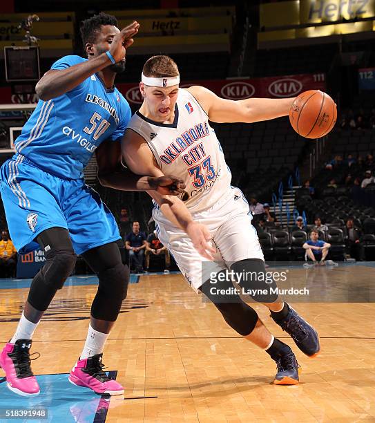 Mitch McGary of the Oklahoma City Blue drives against the Texas Legends during an NBA D-League game on March 25, 2016 at the Chesapeake Energy Arena...