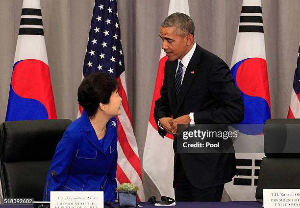 President Barack Obama greets President Park Geun-Hye of the Republic of Korea before a meeting at the Nuclear Security Summit March 31, 2016 in...