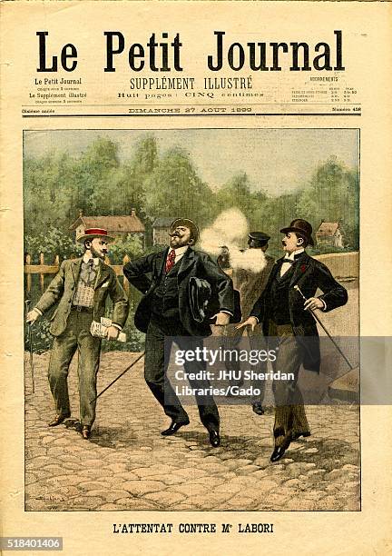 Le Petit Journal Cover, titled L'Attentat Contre M Labori, number 458, three business men are walking on a cobblestone road, one man is being...