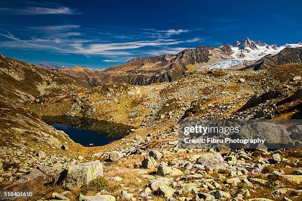 chesery lake and glacier du tour near chamonix in french alps. - lake chesery stockfoto's en -beelden