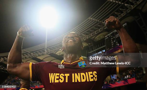 Andre Russell of the West Indies celebrates his teams win agasint India during the ICC World Twenty20 India 2016 Semi-Final match between West Indies...