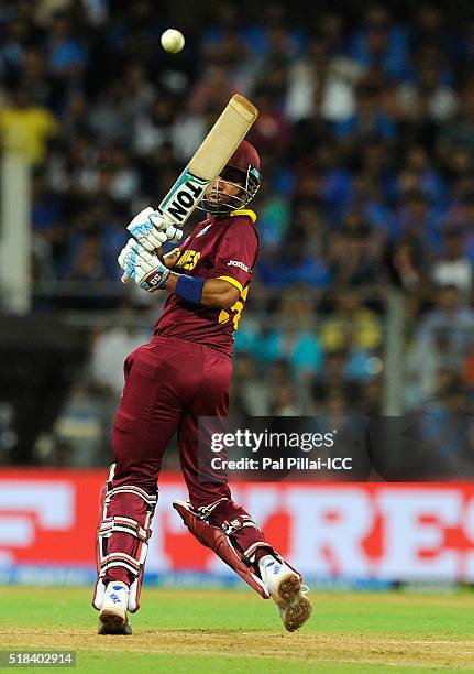 Lendl Simmons of the West Indies bats during ICC World Twenty20 India 2016 Semi Final match between India and West Indies on March 31, 2016 in...