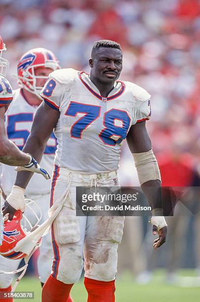 Bruce Smith of the Buffalo Bills plays in a National Football League game against the San Francisco 49ers on September 13, 1992 at Candlestick Park...