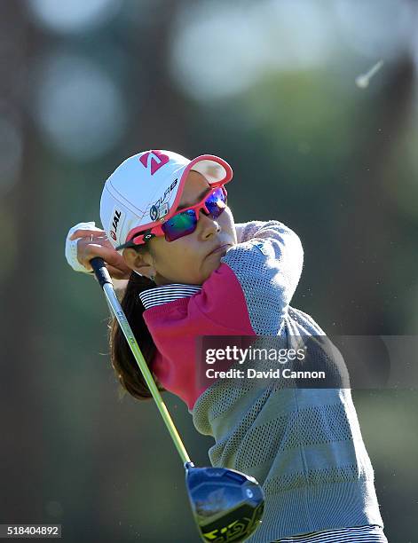 Ai Miyazato of Japan plays her tee shot at the par 4, third hole during the first round of the 2016 ANA Inspiration at Mission Hills Country Club on...
