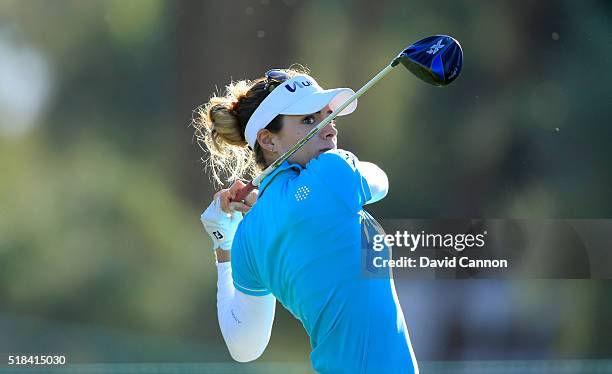 Gaby Lopez of Mexico plays her tee shot at the par 4, third hole during the first round of the 2016 ANA Inspiration at Mission Hills Country Club on...