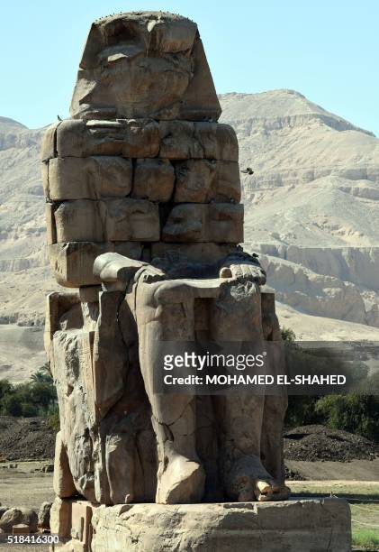 General view shows one of the Colossi of Memnon, which are are two massive stone statues of Pharaoh Amenhotep III, who reigned during Dynasty XVIII,...