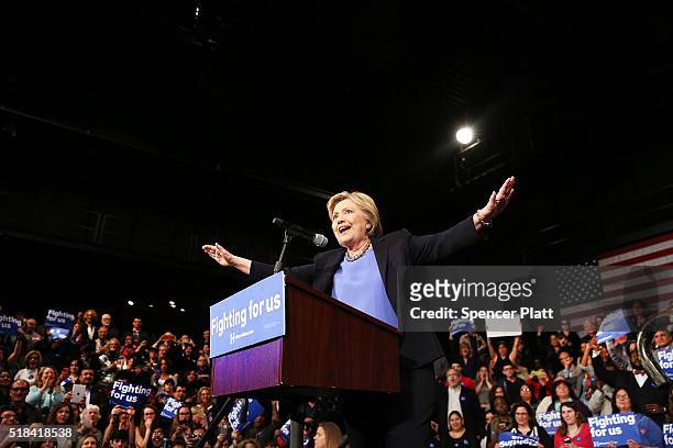 Democratic presidential candidate Hillary Clinton works to silence a small group of Bernie Sanders supporters at SUNY Purchase on March 31, 2016 in...