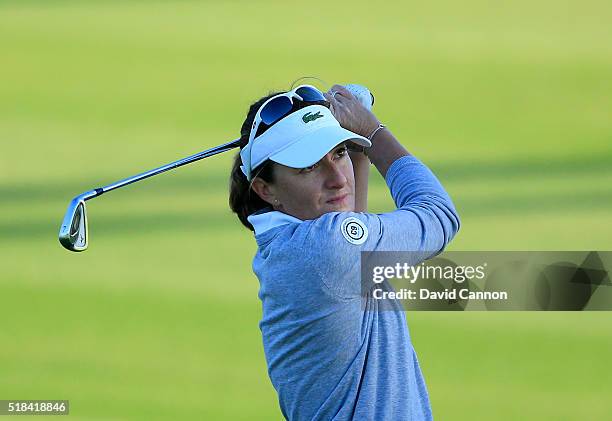 Gwladys Nocera of France plays her third shot at the par 5, second hole during the first round of the 2016 ANA Inspiration at Mission Hills Country...