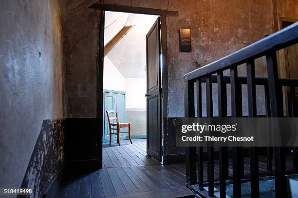 Lone chair stands inside the bedroom of Dutch painter Vincent Van Gogh at the Auberge Ravoux also known as the House of Van Gogh on March 31, 2016 in...