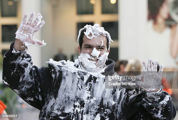 Entrepreneur and chairman of easyjet Stelios Haji-Ioannou covered in shaving foam launches the new range of mens products on December 9, 2004 in...