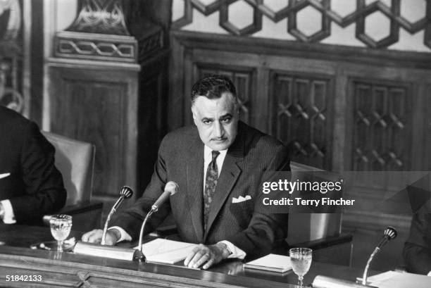 Egyptian president Gamal Abdel Nasser gives a press conference at the government Council Chamber in Cairo, 29th May 1967.