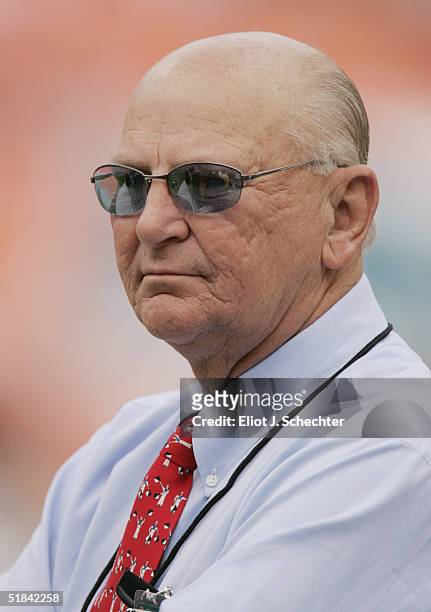 Owner Wayne Huizenga of the Miami Dolphins is seen on the field before the start of the game against the Arizona Cardinals at Pro Player Stadium on...