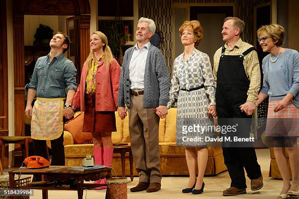 Cast members Jason Merrells, Tamzin Outhwaite, Nicholas Le Prevost, Jenny Seagrove, Matthew Cottle and Gillian Wright bow at the curtain call during...