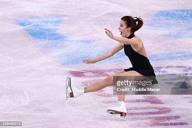Ashley Wagner of the United States falls while celebrating the at the end of her routine in the Ladies Short Program during Day 4 of the ISU World...