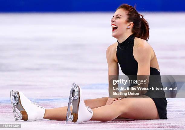 Ashley Wagner of the United States reacts after tripping after completing the ladies short program during Day 4 of the ISU World Figure Skating...