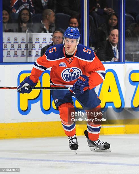 Mark Fayne of the Edmonton Oilers skates during a game against the Vancouver Canucks on March 18, 2016 at Rexall Place in Edmonton, Alberta, Canada.