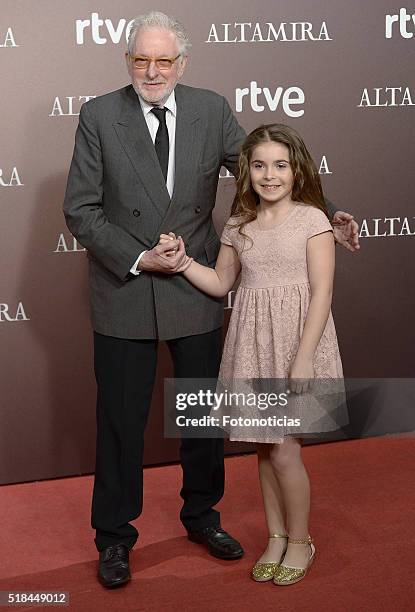 Hugh Hudson and Allegra Allen attend the 'Altamira' premiere at Callao Cinema on March 31, 2016 in Madrid, Spain.