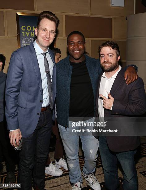 Comedian Jordan Klepper and actors Sam Richardson and Derek Waters attend the Comedy Central Live 2016 upfront after-party at Gotham Hall on March...