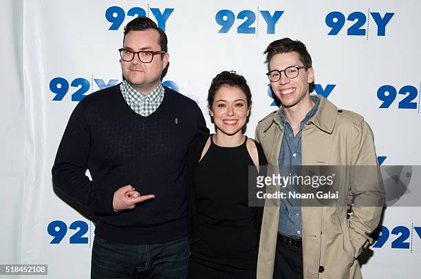 Actors Kristian Bruun, Tatiana Maslany and Jordan Gavaris attend 92nd Street Y's "Orphan Black" panel at 92nd Street Y on March 31, 2016 in New York...