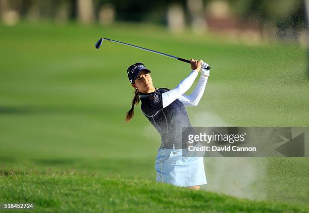 Azahara Munoz of Spain plays her third shot on the par 5, 18th hole during the first round of the 2016 ANA Inspiration at Mission Hills Country Club...