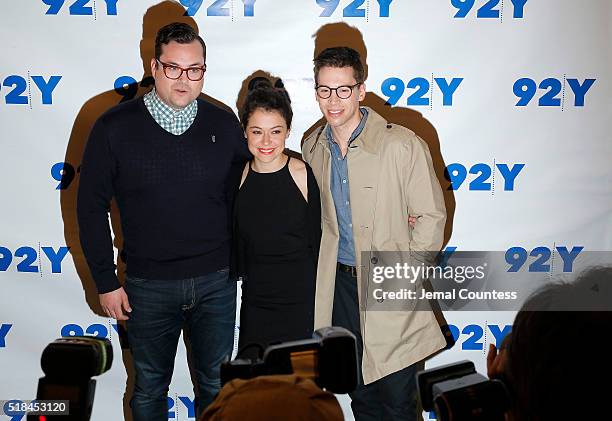 Actors Kristian Bruun, Tatiana Maslany and Jordan Gavaris attend An Evening With The Cast & Co-Creator Of "Orphan Black" at 92nd Street Y on March...