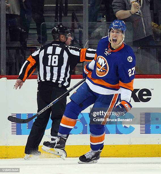 Anders Lee of the New York Islanders celebrates his go ahead goal on the powerplay against the Columbus Blue Jackets at 5:23 of the third period at...