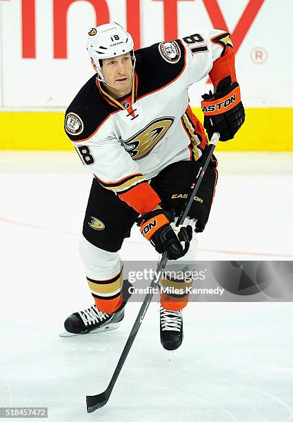 Tim Jackman of the Anaheim Ducks plays in the game against the Philadelphia Flyers at Wells Fargo Center on October 14, 2014 in Philadelphia,...