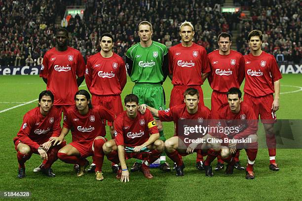 Liverpool team line up prior to the Champions League Group A match between Liverpool and Olympiakos at Anfield on December 8, 2004 in Liverpool,...