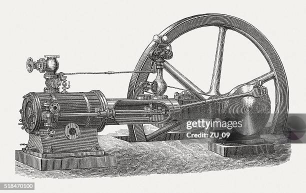 horizontale single-zylinder dampflokomotive, holz-gravur, veröffentlichte im 1880 - dampfmaschine stock-grafiken, -clipart, -cartoons und -symbole