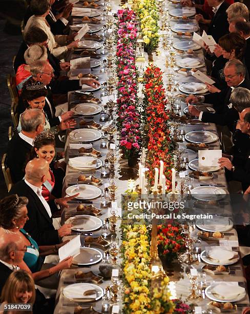 Crown Princess Victoria of Sweden attends the Nobel Banquet at City Hall on December 10, 2004 in Stockholm, Sweden. The prizes were being awarded at...