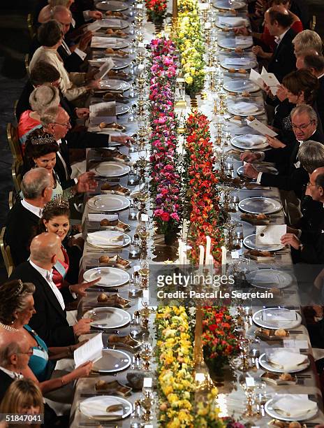 Crown Princess Victoria of Sweden attends the Nobel Banquet at City Hall on December 10, 2004 in Stockholm, Sweden. The prizes were being awarded at...