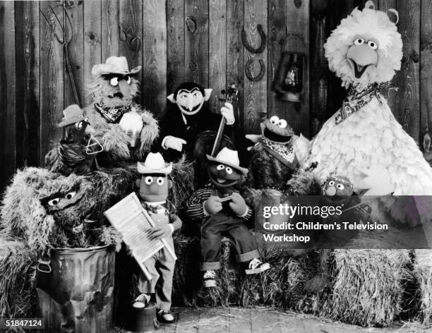 Publicity still of the 'Sesame Street' muppets including 'Oscar the Crouch' , 'Bert' , 'Ernie' , 'the Count' , 'Cookie Monster' , 'Grover' , and 'Big...