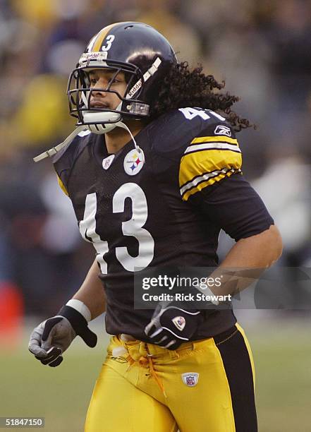 Strong safery Troy Polamalu of the Pittsburgh Steelers jogs on the field during the game against the Washington Redskins on November 28, 2004 at...