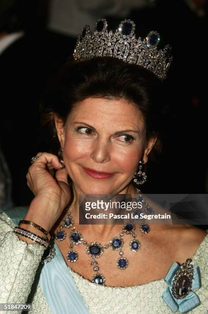 Queen Silvia of Sweden attends the Nobel Banquet at City Hall on December 10, 2004 in Stockholm, Sweden. The prizes were being awarded at...