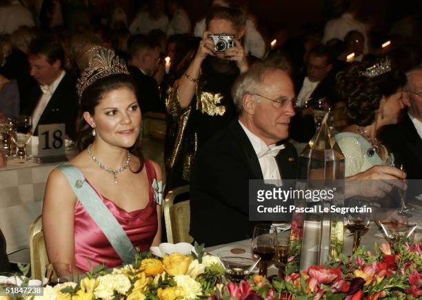Crown Princess Victoria of Sweden is seen during the Nobel Banquet at City Hall on December 10, 2004 in Stockholm, Sweden. The prizes were being...