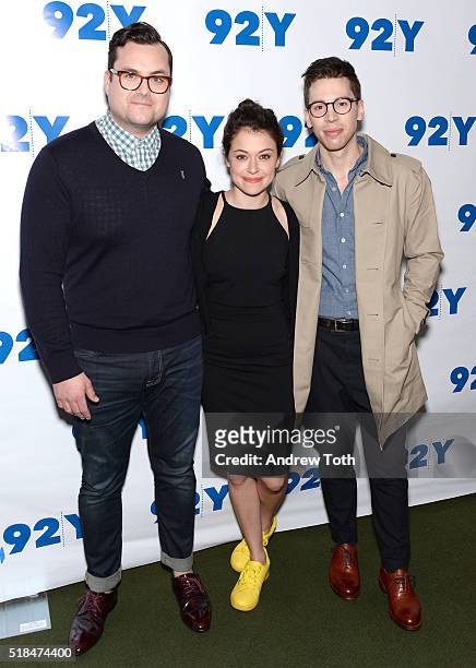 Actors Kristian Bruun, Tatiana Maslany and Jordan Gavaris attend An Evening with the Cast & Co-Creator of "Orphan Black" at 92nd Street Y on March...