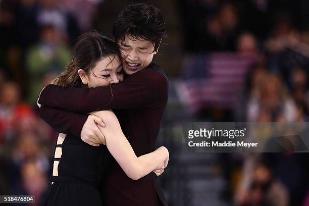 Maia Shibutani and Alex Shibutani of the United States celebrate after the completion of their Free Dance Program during Day 4 of the ISU World...