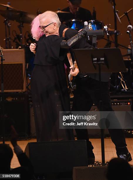 Cyndi Lauper and Tony Visconti perform onstage at Michael Dorf Presents - The Music of David Bowie at Carnegie Hall at Carnegie Hall on March 31,...