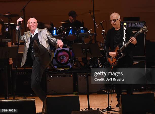 Glenn Gregory, Woody Woodmansey and Tony Visconti of Holy Holy perform onstage at Michael Dorf Presents - The Music of David Bowie at Carnegie Hall...