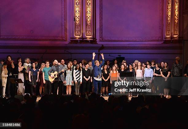 Daveed Goldman and Nobu Adilman of Choir! Choir! Choir! perform onstage at Michael Dorf Presents - The Music of David Bowie at Carnegie Hall at...