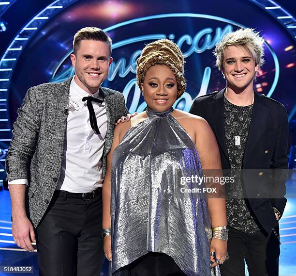 Top 3 contestants Trent Harmon, La'Porsha Renae and Dalton Rapattoni onstage at FOX's American Idol Season 15 on March 31, 2016 in Hollywood,...