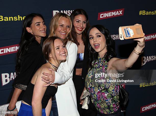 Actresses Cherie Jimenez, Ryann Shane, Tanya Clarke, Ana Ayora and Eliza Dushku pose for a selfie at the premiere of Cinemax's "Banshee" 4th Season...