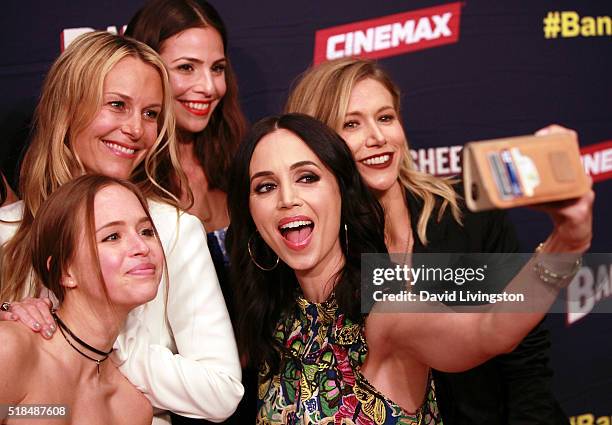 Actresses Tanya Clarke, Ryann Shane, Ana Ayora, Eliza Dushku and Jennifer Landon pose for a selfie at the premiere of Cinemax's "Banshee" 4th Season...