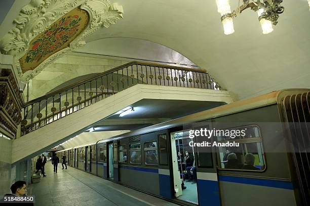 View of the Kievskaya Metro Station in Moscow, Russia on April 01, 2016. The Moscow Metro was one of USSRs most ambitious architectural projects....